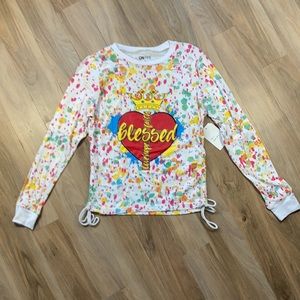 3/$15 On fire BLESSED spatter print distressed cotton top long sleeve shirt S jr